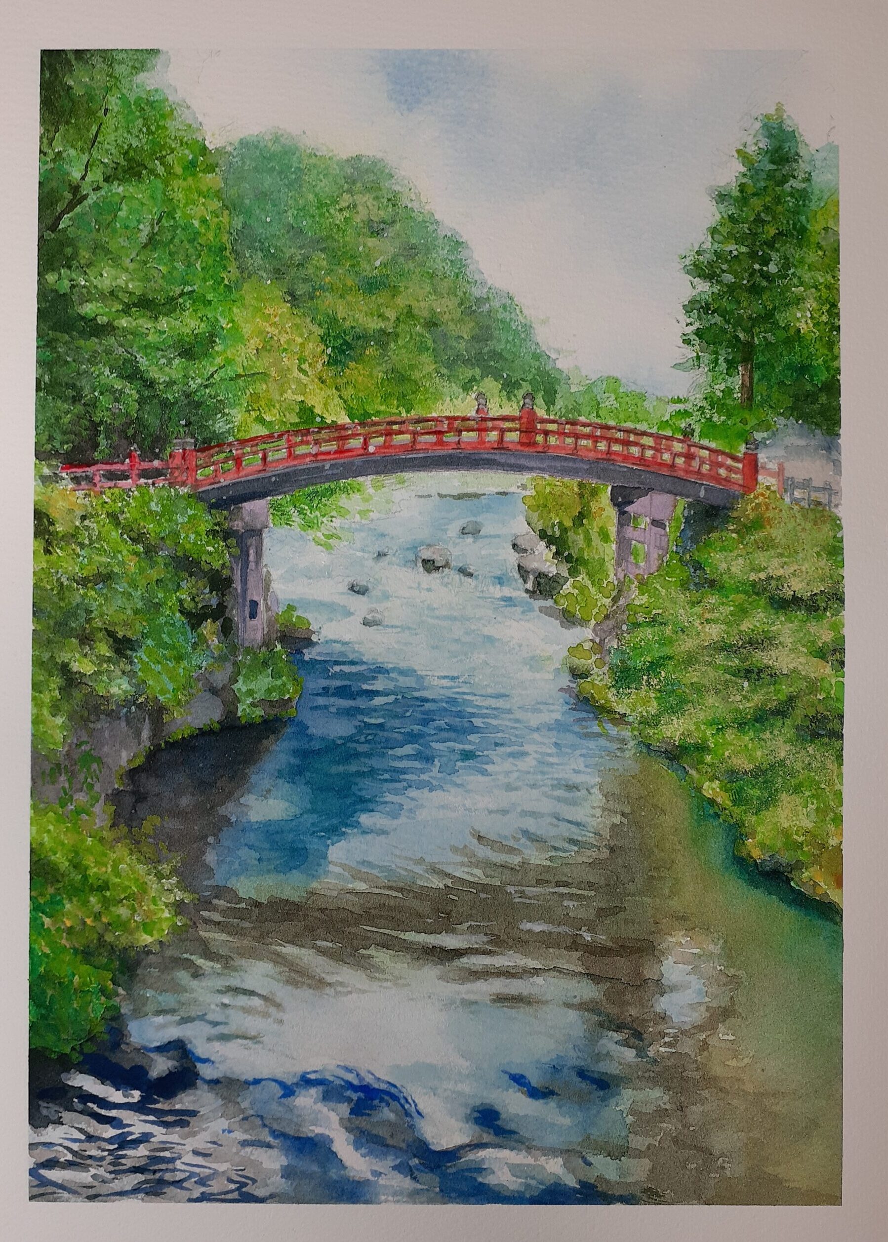 水彩とアクリルで風景を描く 日光の社寺 神橋 制作過程です Sorairo